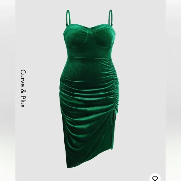 Cider Curve & Plus Size Velvet Solid Corset Ruched Elegant Midi Dress for Wedding/Date/Coffee Shop/Exhibition Evening Party,1XL/Green